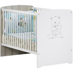 Lit bébé - 120 x 60 cm - Babyprice Teddy - Sérigraphié ours - En bois blanc