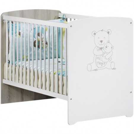 Lit bébé - 120 x 60 cm - Babyprice Teddy - Sérigraphié ours - En bois blanc