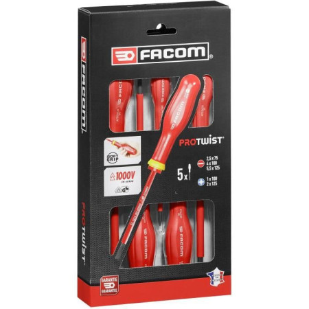 Jeu de 5 Tournevis Protwist isolés 1000V FACOM - AT5VE.PB - Fente et Prozidriv - Rouge