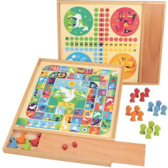 JEUJURA Jeux de l'oie et petits chevaux - Plateau avec plumier en bois JEUJURA Jeux de l'oie et petits chevaux - Plateau avec plumier en bois