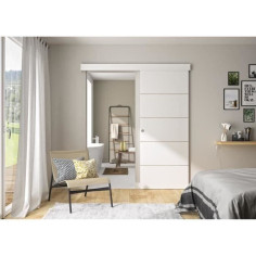 OPTIMUM - Kit porte coulissante + rail + bandeau Atelier - H.204xL.83xP.4 cm - Blanche lignée OPTIMUM - Kit porte coulissante + rail + bandeau Atelier - H.204xL.83xP.4 cm - Blanche lignée