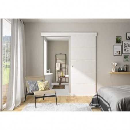 OPTIMUM - Kit porte coulissante + rail + bandeau Atelier - H.204xL.83xP.4 cm - Blanche lignée