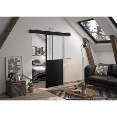 OPTIMUM Kit porte coulissante + rail Atelier - H204 x L83 x P4 cm - Noir verre dépoli OPTIMUM Kit porte coulissante + rail Atelier - H204 x L83 x P4 cm - Noir verre dépoli