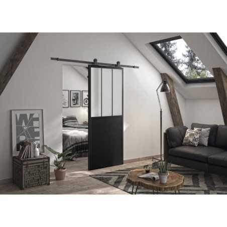 OPTIMUM Kit porte coulissante ATELIER noir + rail apparent - 204 x 83 cm - verre dépoli