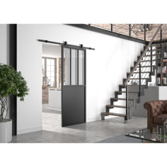 OPTIMUM Kit porte coulissante ATELIER noir + rail apparent - 204 x 93 cm - verre transparent OPTIMUM Kit porte coulissante ATELIER noir + rail apparent - 204 x 93 cm - verre transparent