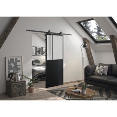 OPTIMUM Kit porte coulissante ATELIER noir + rail apparent - 204 x 93 cm - verre dépoli OPTIMUM Kit porte coulissante ATELIER noir + rail apparent - 204 x 93 cm - verre dépoli