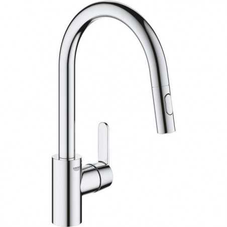 GROHE Robinet de cuisine évier Get, robinet avec douchette extractible, bec en forme de U, inverseur 2 jets, Supersteel, 3148400