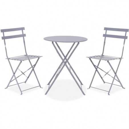 Set bistrot - Ensemble repas de jardin - Table pliante Diam.60 cm + 2 chaises - Acier thermolaqué - Gris