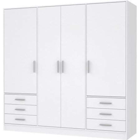 Armoire 4 portes battantes + 6 tiroirs - Bois aggloméré - Blanc mat - L 206