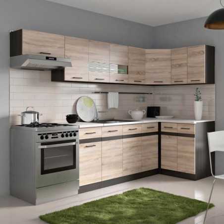 JUNONA Cuisine d'angle complete et plan de travail L 3m40 - Angle réversible - Décor chene sonoma - plan de travail inclus