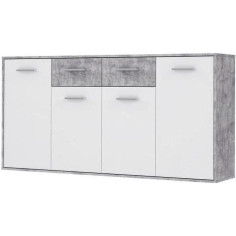 Buffet bas PILVI - 4 portes et 2 tiroirs - Blanc et béton clair - L 162