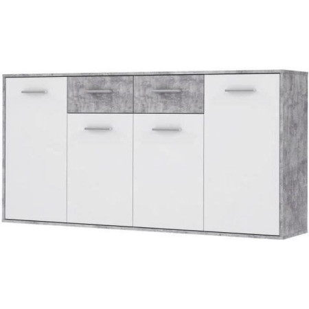 Buffet bas PILVI - 4 portes et 2 tiroirs - Blanc et béton clair - L 162