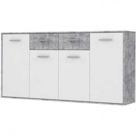 Buffet bas PILVI - 4 portes et 2 tiroirs - Blanc et béton clair - L 162,3 x P 34,2 x H 88,1 cm