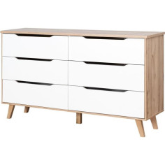 Commode 6 tiroirs - En panneaux de particules - Décor chene et blanc - Contemporain -