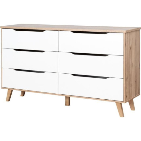 Commode 6 tiroirs - En panneaux de particules - Décor chene et blanc - Contemporain -