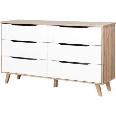 Commode VANKKA 6 tiroirs - Décor chene et blanc - Scandinave - L 154 x P 42 x H 86 cm