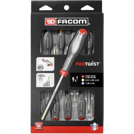 Coffret de 9 Tournevis Protwist - FACOM - AT.9PB - Fente/Phillips/Prozidriv - Standard - Gris