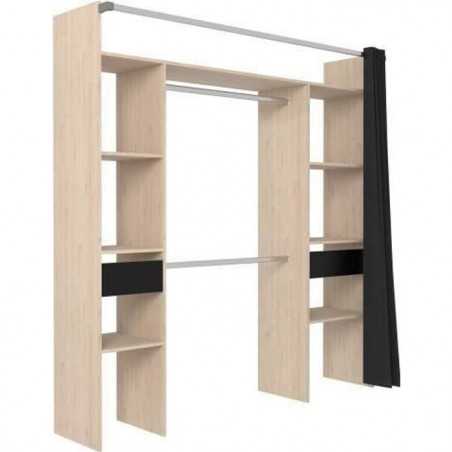 Dressing double ARTIC - L198 x P48 x H203 cm - Décor chene + rideau noir - Made in France