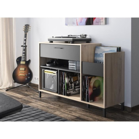Meuble rangement vinyle - GAMI - Platine - Style urbain - Décor chene - Noir - L 115