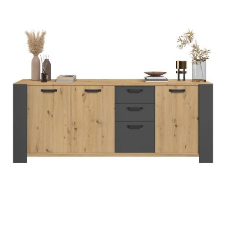 Buffet LOFT - Décor chene artisan et mélamine gris ombre - 3 portes et 3 tiroirs - L