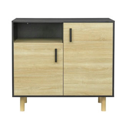 Buffet LILA - Petit buffet avec 2 portes et 1 niche - MDF et mélamine - Décor noir et chene