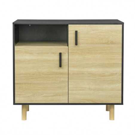 Buffet LILA - Petit buffet avec 2 portes et 1 niche - MDF et mélamine - Décor noir et chene