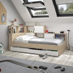 GAMI Erwan Lit enfant avec rangements - Décor blanc et châtaignier - 90 x 200 cm GAMI Erwan Lit enfant avec rangements - Décor blanc et châtaignier - 90 x 200 cm