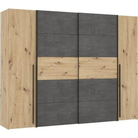 Armoire - Décor chene artisan et béton gris - 2 portes battantes + 2 portes coulissan