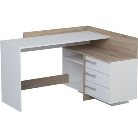 Bureau d'angle 3 tiroirs - Décor chene et blanc - L 128