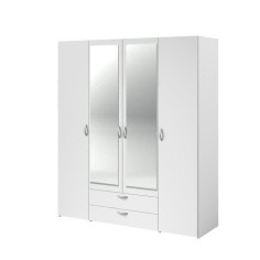 Armoire VARIA - Décor blanc - 4 portes battantes + 2 miroirs + 2 tiroirs - L 160 x H Armoire VARIA - Décor blanc - 4 portes battantes + 2 miroirs + 2 tiroirs - L 160 x H