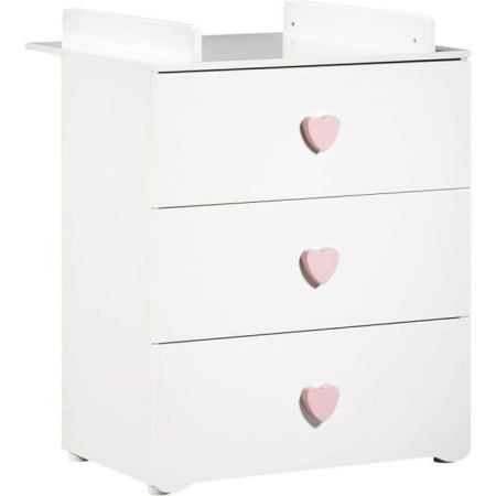 Commode a langer - Babyprice - Basic - 3 tiroirs - En bois - Boutons coeur rose