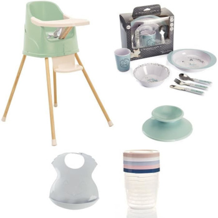 Chaise haute évolutive en rehausseur de chaise + Coffret vaisselle + Boîtes de conser