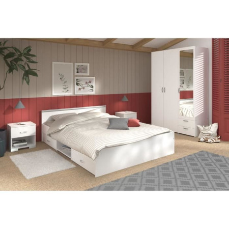 Chambre complete ZODIAC : Lit 140x190 avec tiroir + Armoire 3 portes et 2 tiroirs + 2