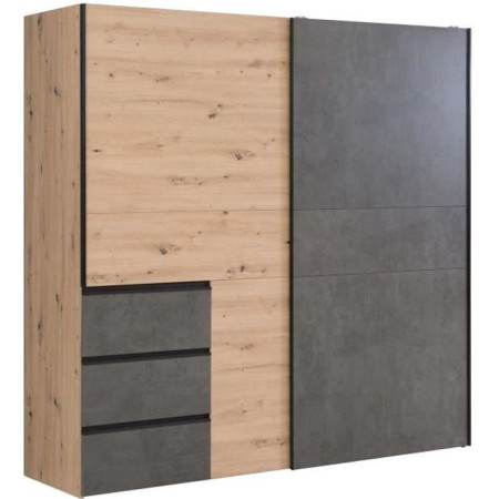Armoire 2 portes coulissantes 3 tiroirs - Décor chene artisan et béton gris - L 200
