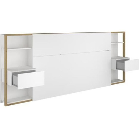 PARISOT Tete de Lit avec étageres + chevets intégrés - Décor blanc et chene - L 255 x