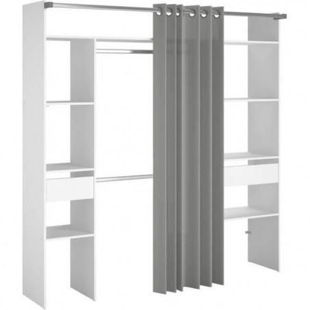 Dressing double ARTIC - L 198 x P 40 x H 203 cm - Blanc + rideau Made in France
