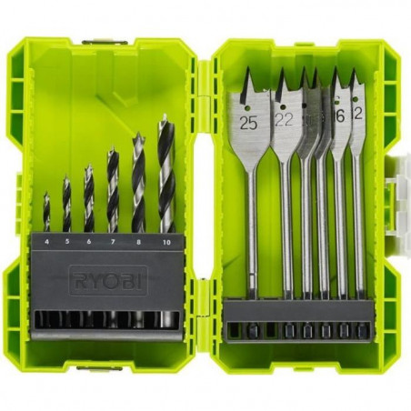 RYOBI - Coffret empilable perçage bois 12 accessoires (6 forets + 6 meches plates) - RAK12SWD