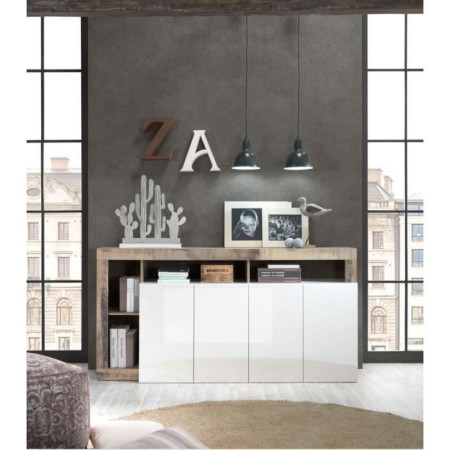 Buffet MAESTRO - Panneaux de particules - Effet Bois Vintage et blanc Laqué - 4 porte