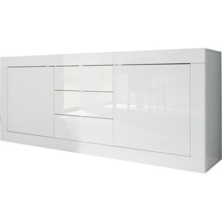 Buffet BASICO 2 Portes 3 Tiroirs Blanc Laqué brillant - L210xP42xH85