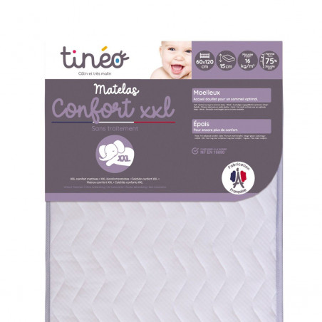 Matelas Bébé Confort XXL TINEO 60x120x15cm - Sans Traitement - Fabriqué En France - Garantie 2 Ans