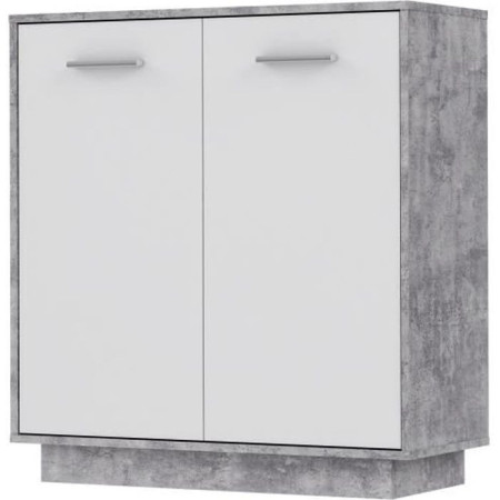 Petit buffet - Meuble de rangement PILVI - 2 portes - Blanc et béton clair - L 82