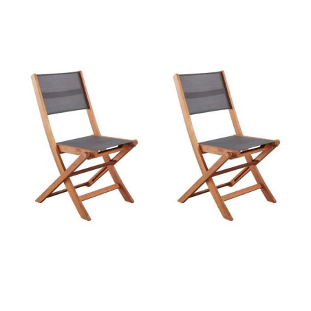 Lot de 2 chaises de jardin pliantes en bois d'acacia FSC - EDEN - Assise textilene - Gris - 58 x 58 x H90 cm