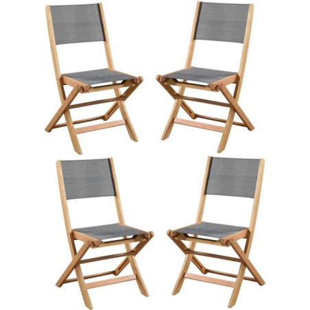 Lot de 4 chaises de jardin pliantes en bois d'acacia FSC - EDEN - Assise textilene - Gris - 58 x 58 x H90 cm