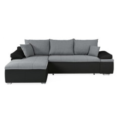 Canapé d'angle réversible convertible 3 places+Coffre - Simili noir et tissu gris - L