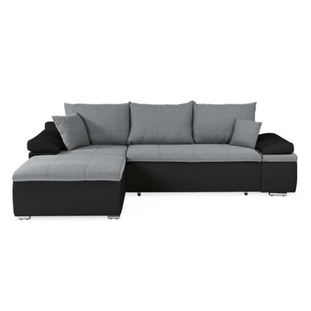 Canapé d'angle réversible convertible 3 places+Coffre - Simili noir et tissu gris - L