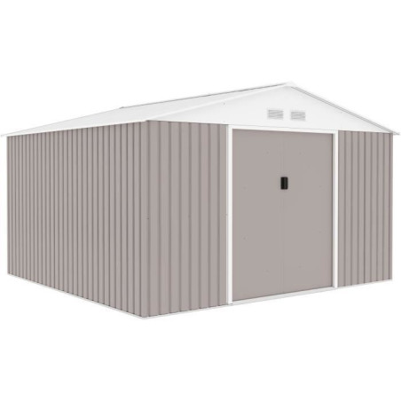 Abri de jardin en métal 10,85 m² - 340 x 319 x 210 cm - JUPITER - Kit d'ancrage inclus, 2 portes coulissantes - Taupe