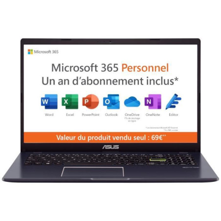 PC Portable ASUS VivoBook 15 E510 |15,6 HD - Intel Pentium Silver N5030 - RAM 4Go - 128Go eMMC - Win 11 & Microsoft 365