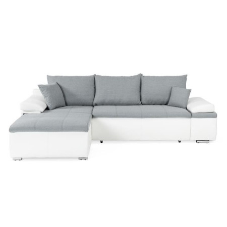 Canapé d'angle réversible convertible 3 places+Coffre - Simili blanc et tissu gris -