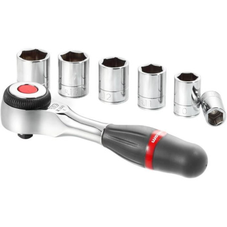 Composition de serrage 1/4 FACOM - R.360PACKPB - Ouvertures de 8 a 14 mm - 1 cliquet radio - Cliquet 5° - 6 douilles 6 pans