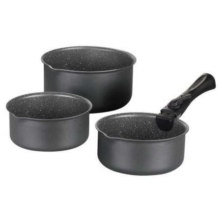Set de 3 casseroles Gris Mat 16-18-20 cm + 1 poignée amovible - Aluminium – Revetement anti-adhésif - Tous feux dont induction